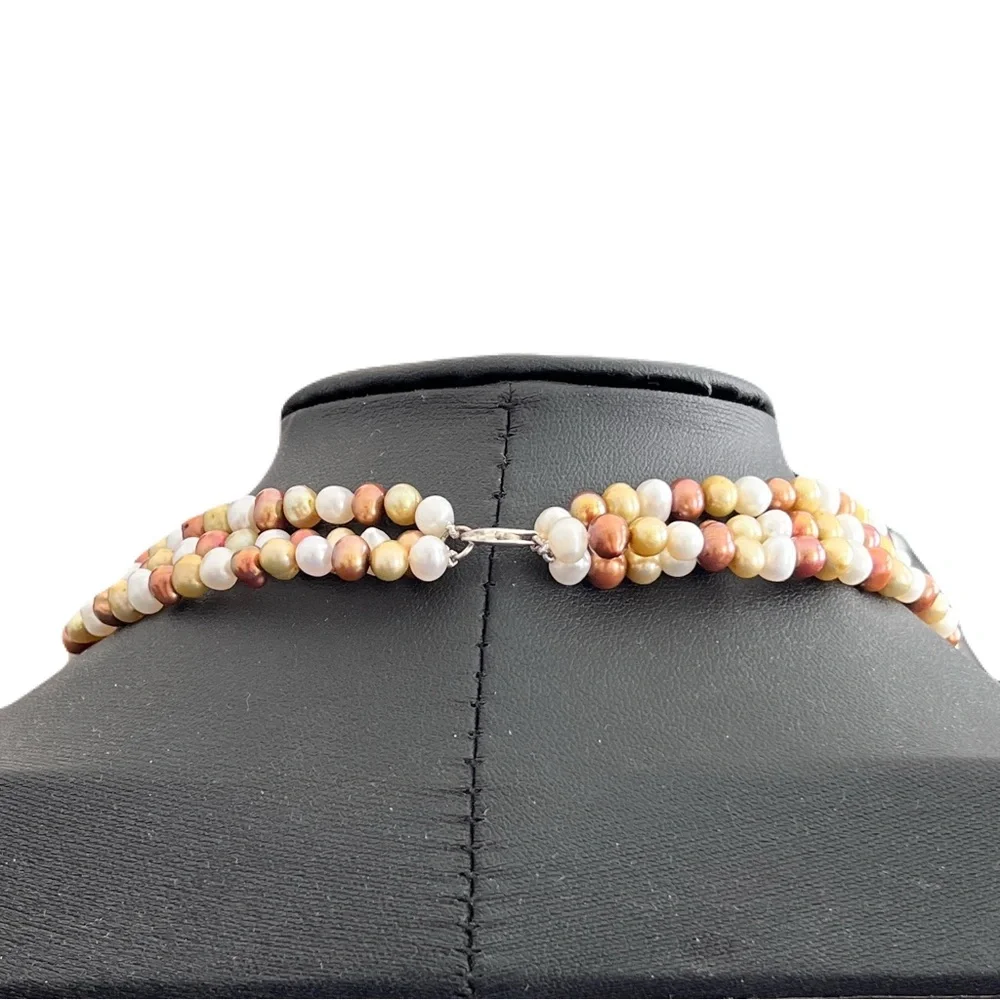 Triple Strand Multicolor Freshwater Pearl Sterling Silver Necklace, 17.5”